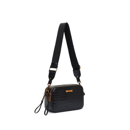 Bolsa Transversal Santa Lolla Preta Croco Zíper Duplo
