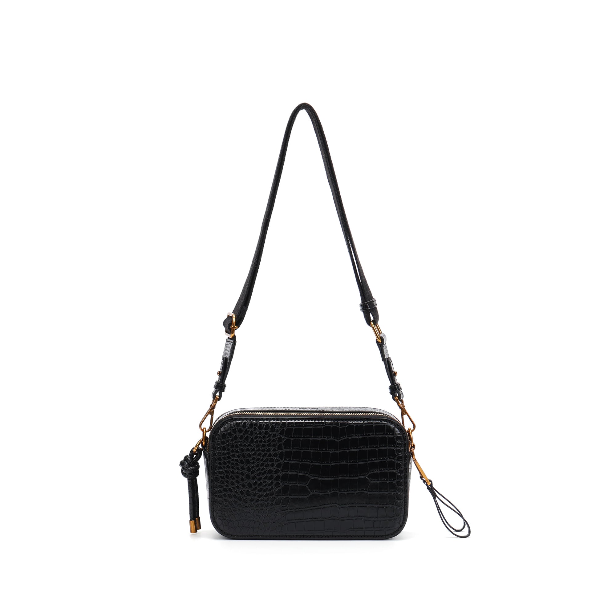 Bolsa Transversal Santa Lolla Preta Croco Zíper Duplo