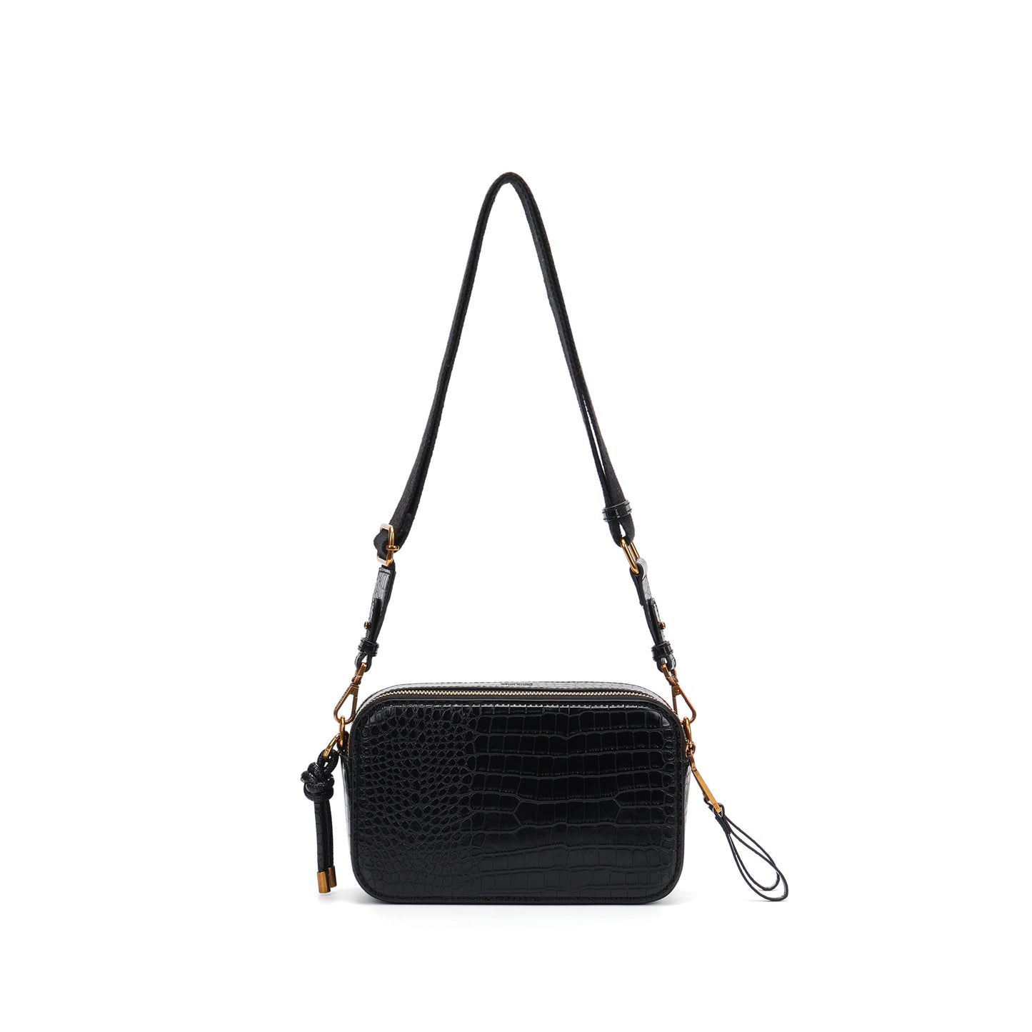 Bolsa Transversal Santa Lolla Preta Croco Zíper Duplo