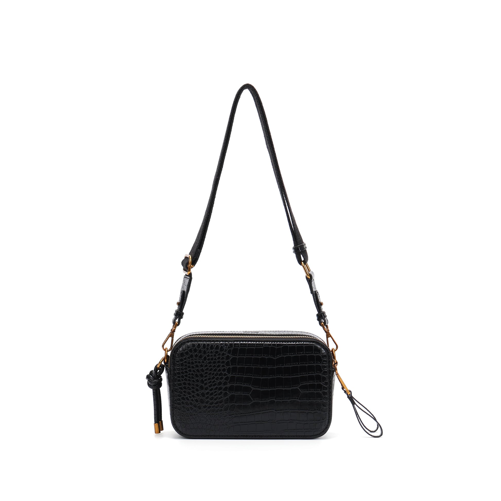 Bolsa Transversal Santa Lolla Preta Croco Zíper Duplo