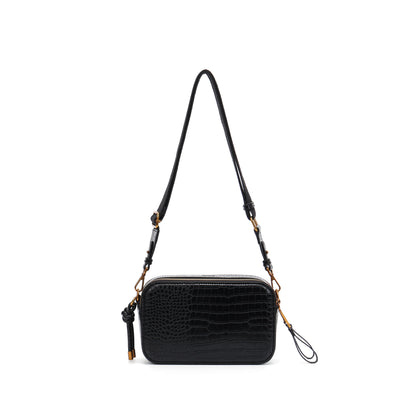 Bolsa Transversal Santa Lolla Preta Croco Zíper Duplo