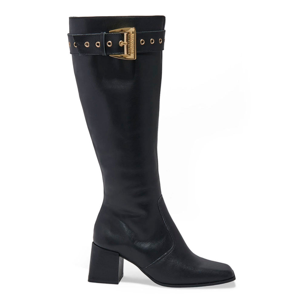 Bota Santa Lolla Preta Couro Cano Alto Fivela