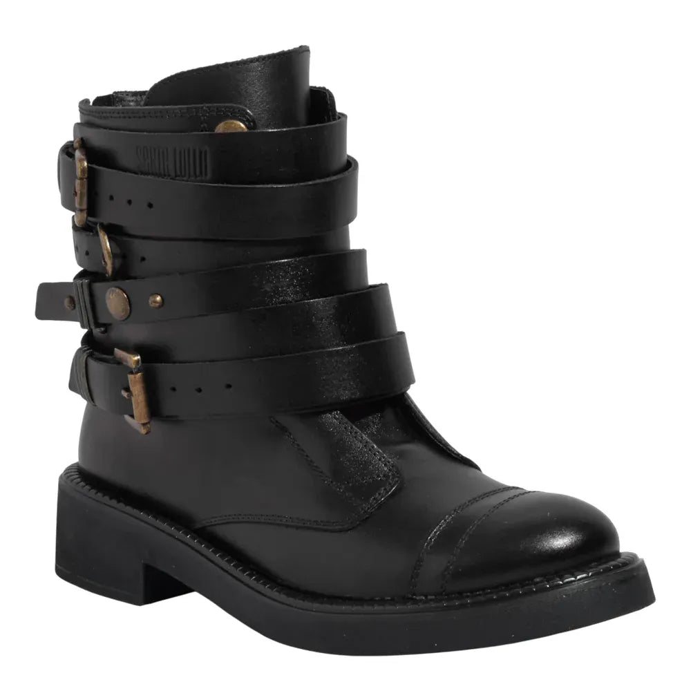 Bota Santa Lolla Preta Couro Fivelas Cano Curto