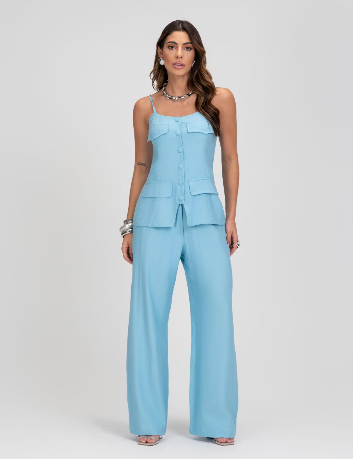 Calça Alfaiataria Azul Pantalona Frysaide