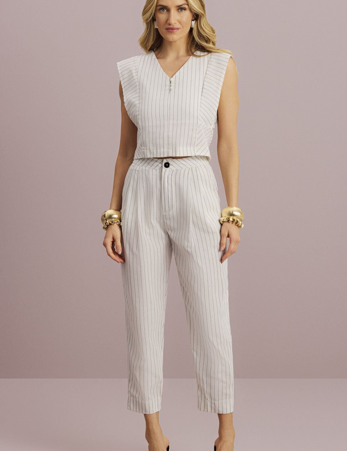 Calça Alfaiataria Meia Loka Off White Listrada