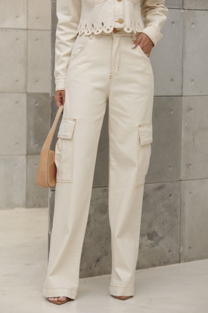 Calça Cargo Wide Leg Frysaide Off White Sarja