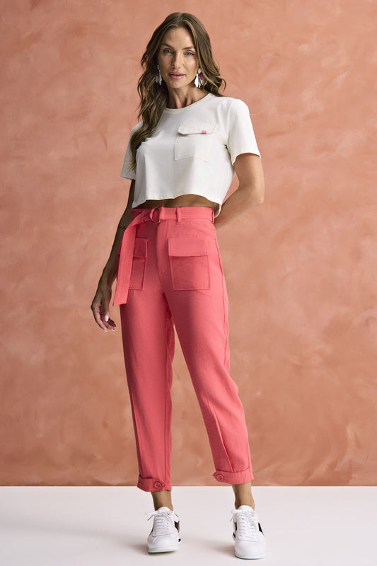 Calça Com Cinto Bolsos Frontais Rosê Meia Loka 