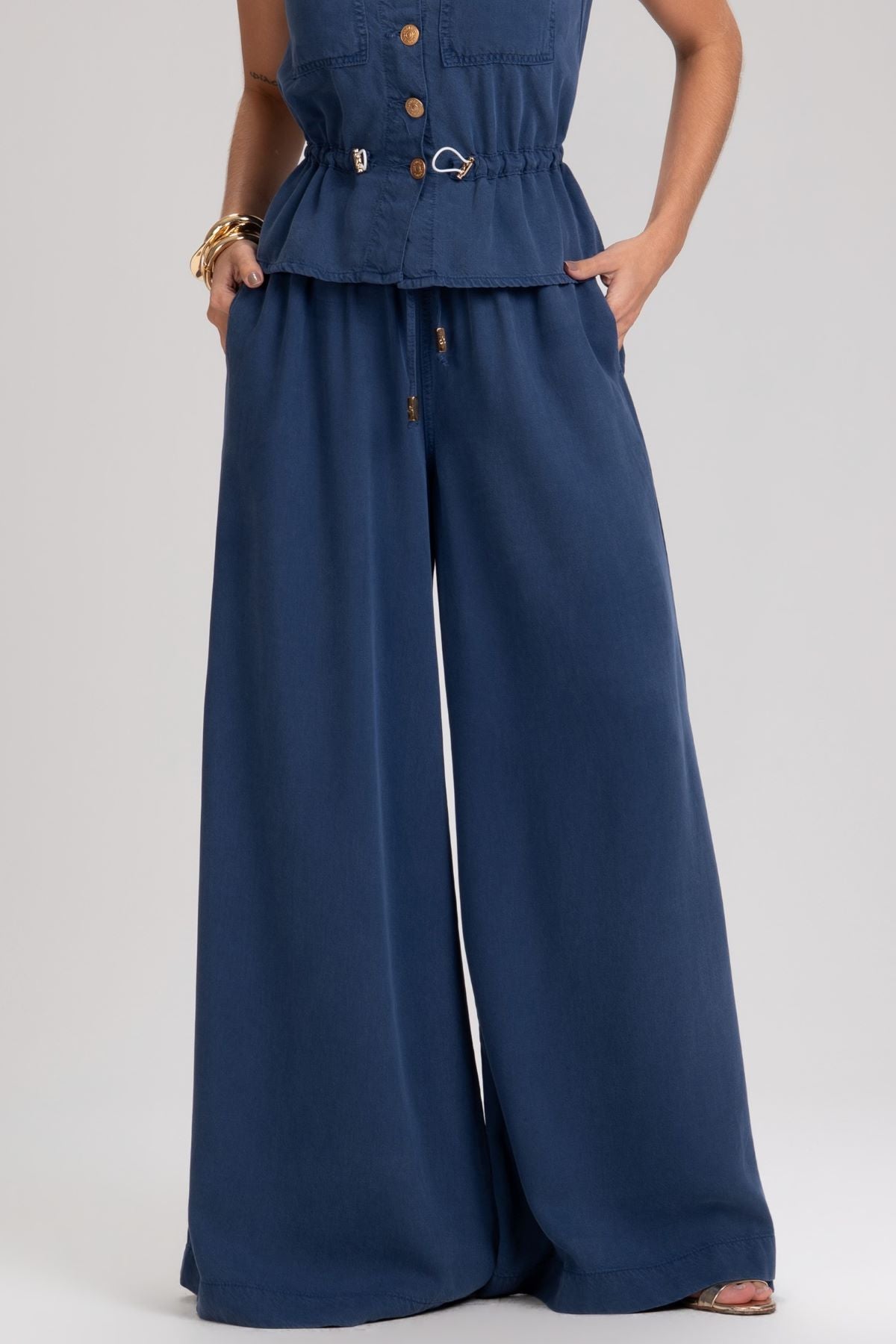 Calça Frysaide Azul Marinho Super Wide Leg Sarja