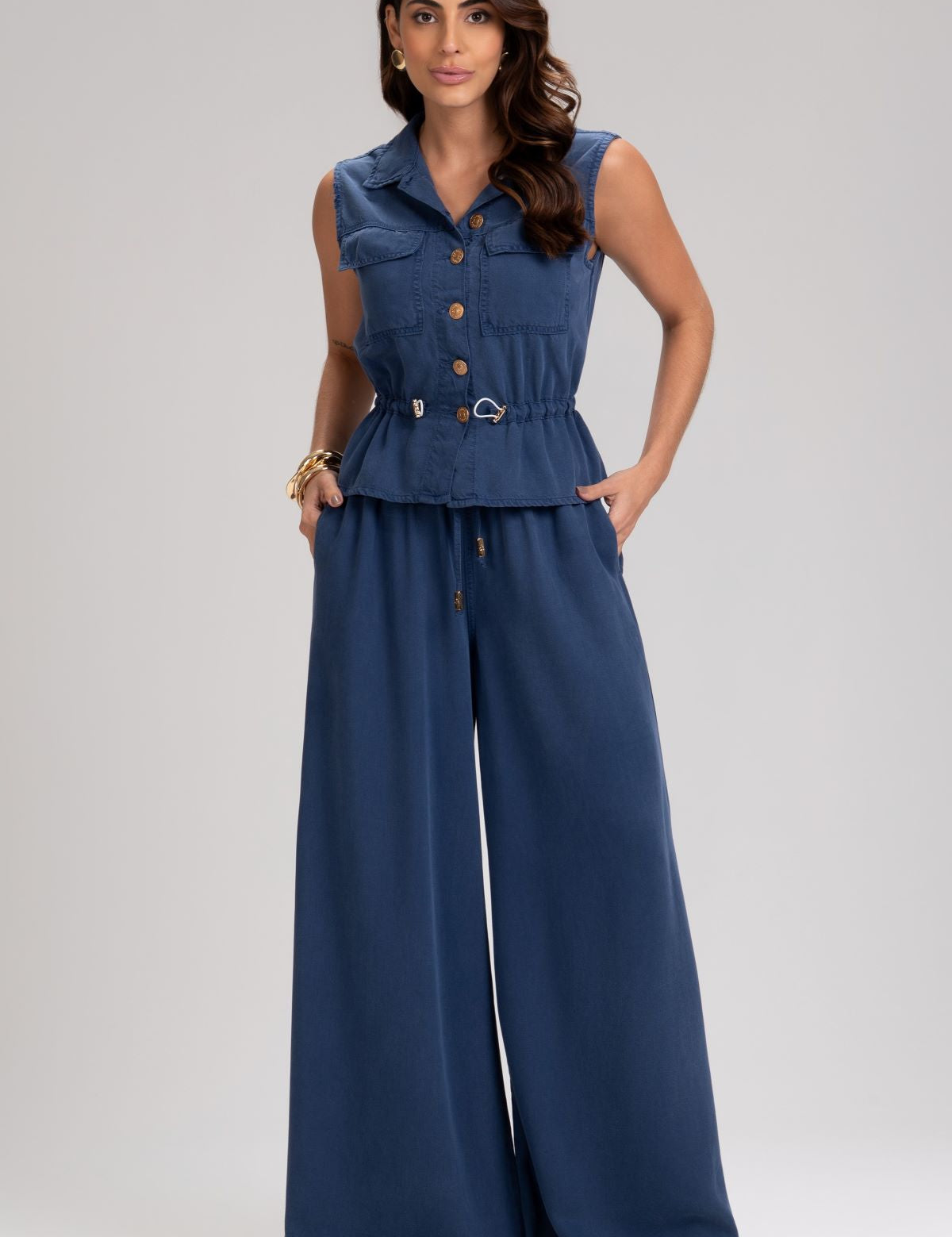 Calça Frysaide Azul Marinho Super Wide Leg Sarja