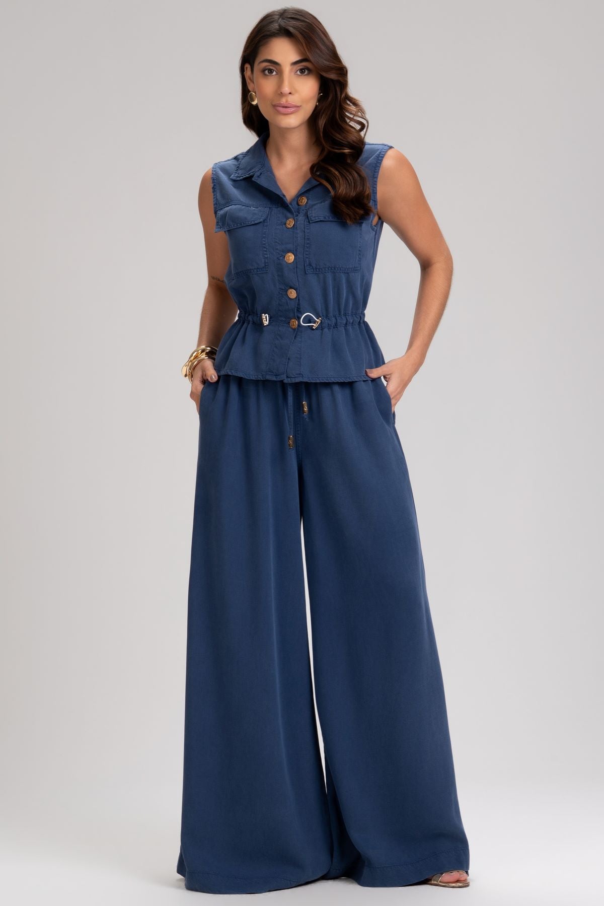 Calça Frysaide Azul Marinho Super Wide Leg Sarja
