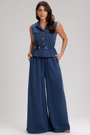 Calça Frysaide Azul Marinho Super Wide Leg Sarja