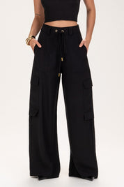 Calça Frysaide Preta Cargo Wide Leg Cintura Alta