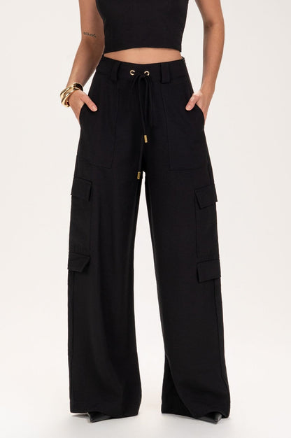 Calça Frysaide Preta Cargo Wide Leg Cintura Alta