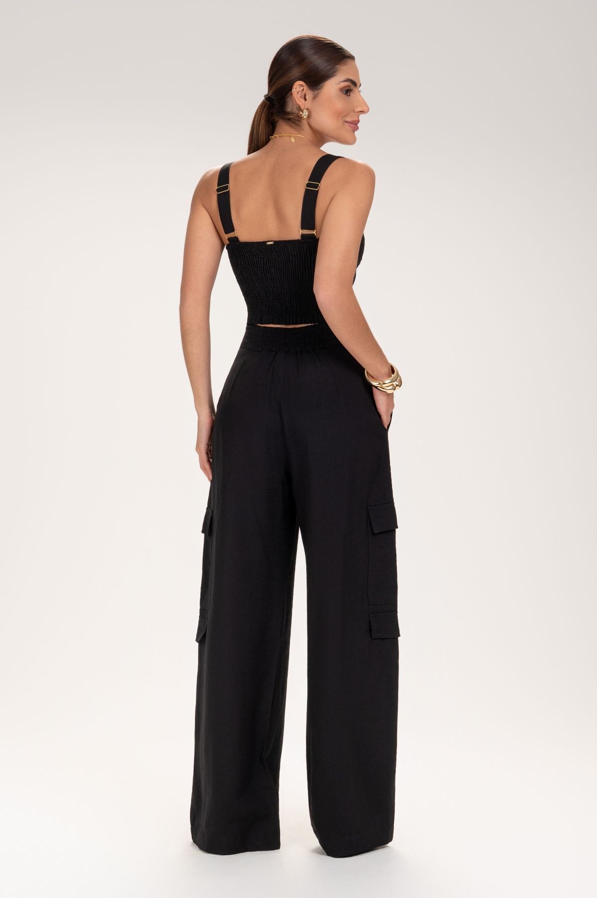 Calça Frysaide Preta Cargo Wide Leg Cintura Alta