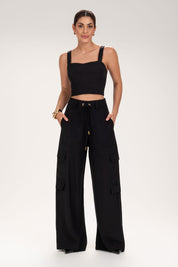 Calça Frysaide Preta Cargo Wide Leg Cintura Alta