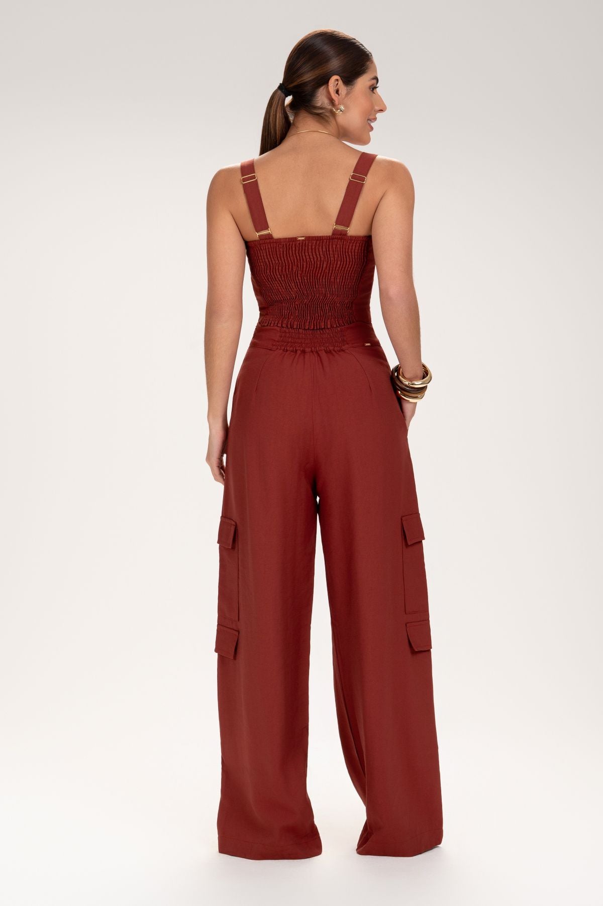 Calça Frysaide Terracota Cargo Wide Leg Cintura Alta