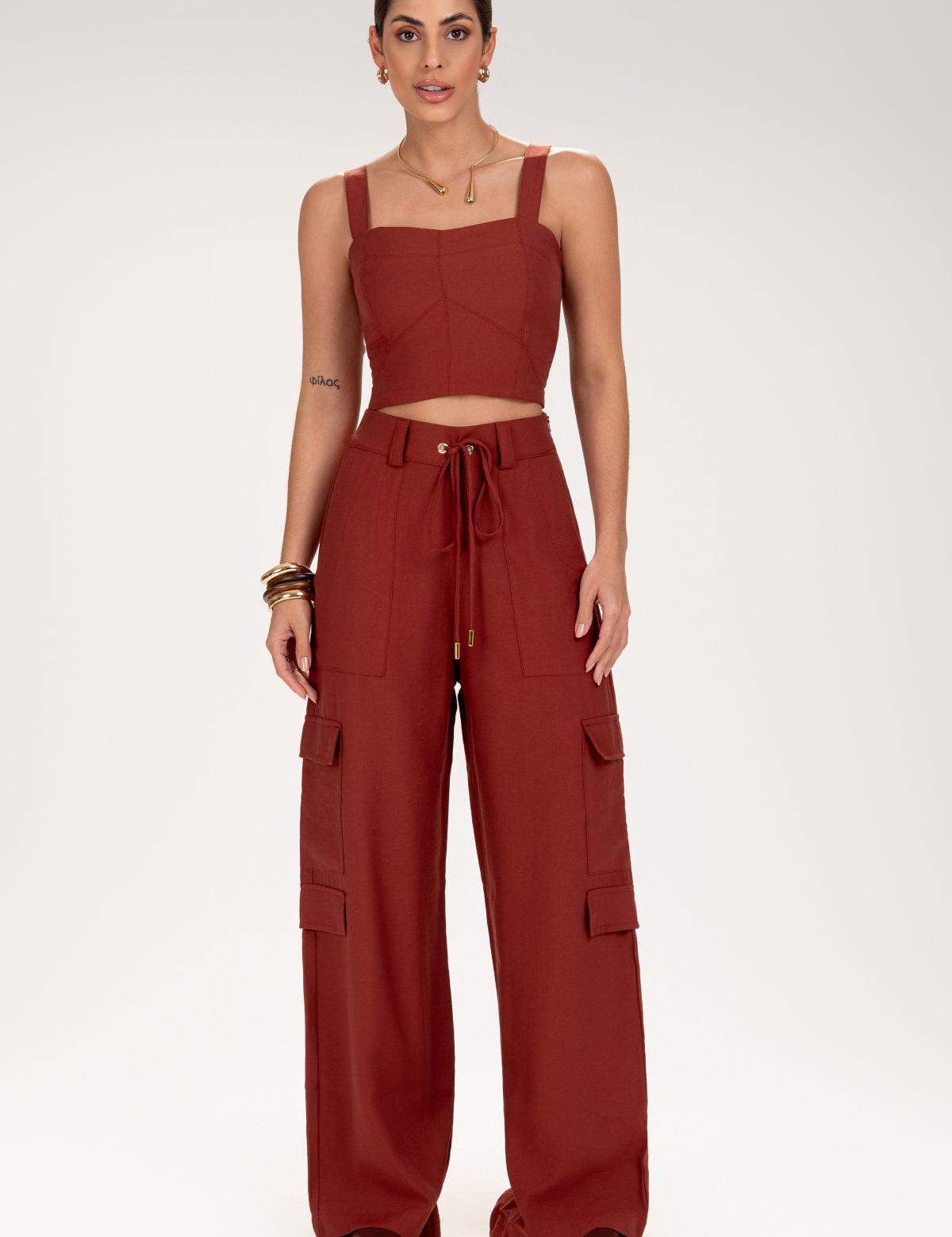 Calça Frysaide Terracota Cargo Wide Leg Cintura Alta