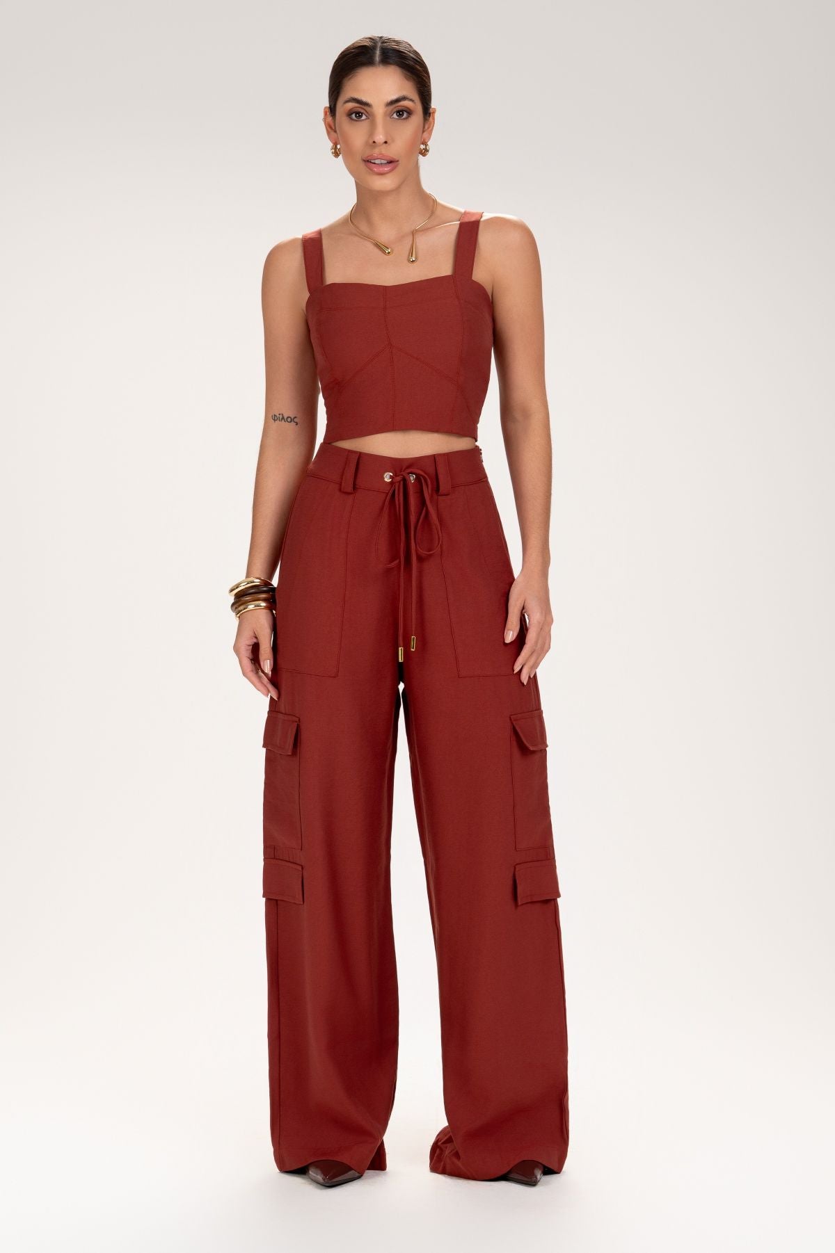 Calça Frysaide Terracota Cargo Wide Leg Cintura Alta