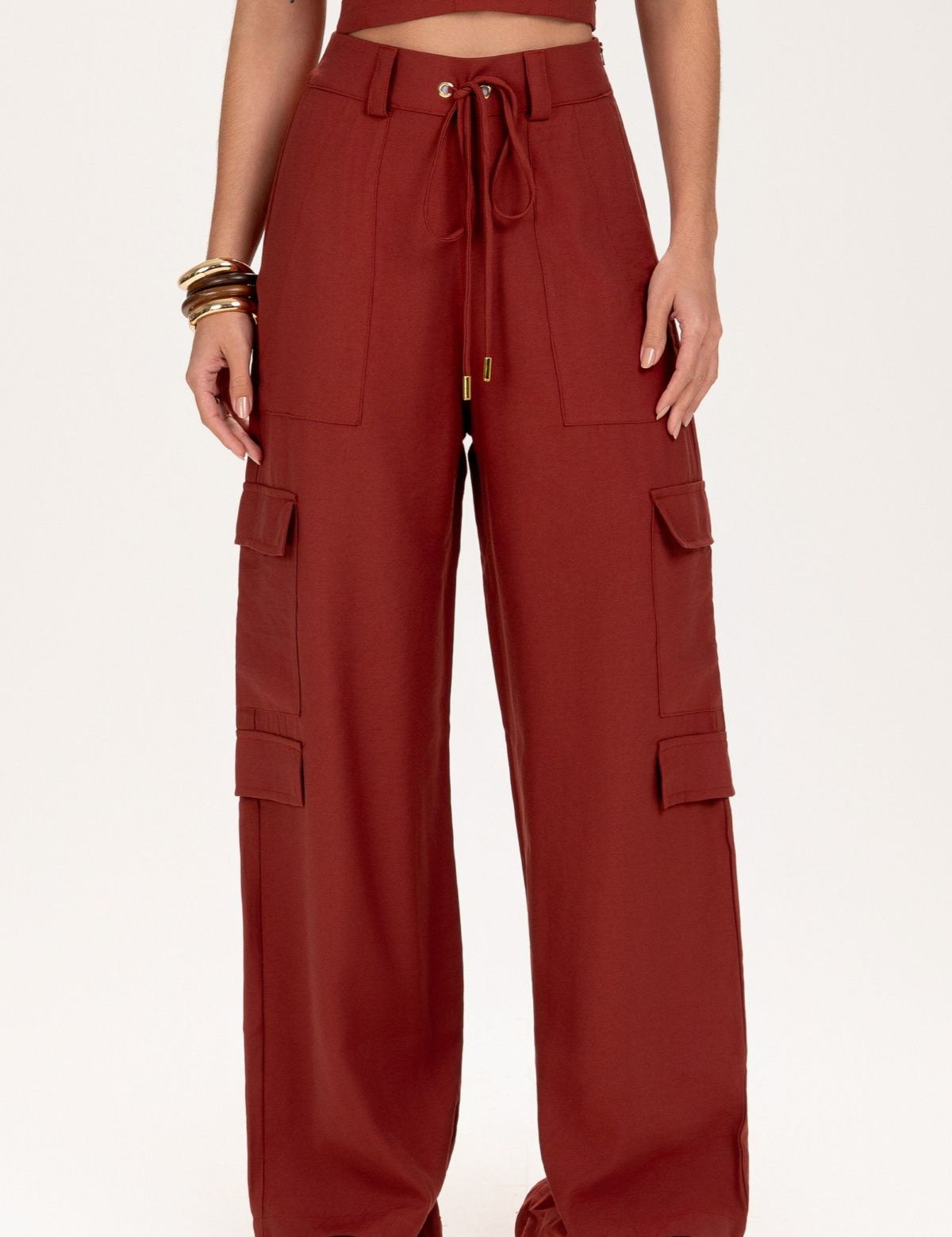 Calça Frysaide Terracota Cargo Wide Leg Cintura Alta