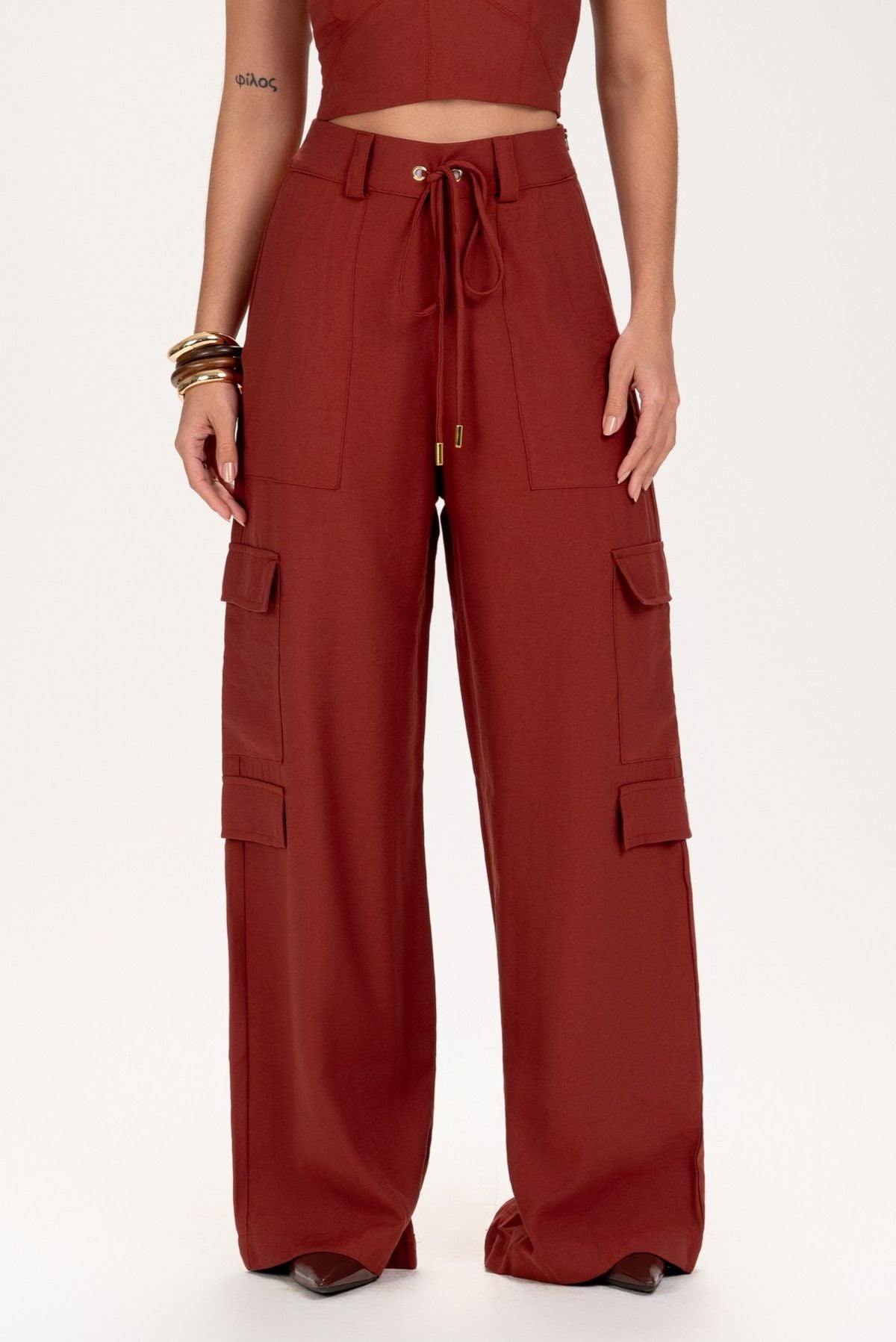Calça Frysaide Terracota Cargo Wide Leg Cintura Alta