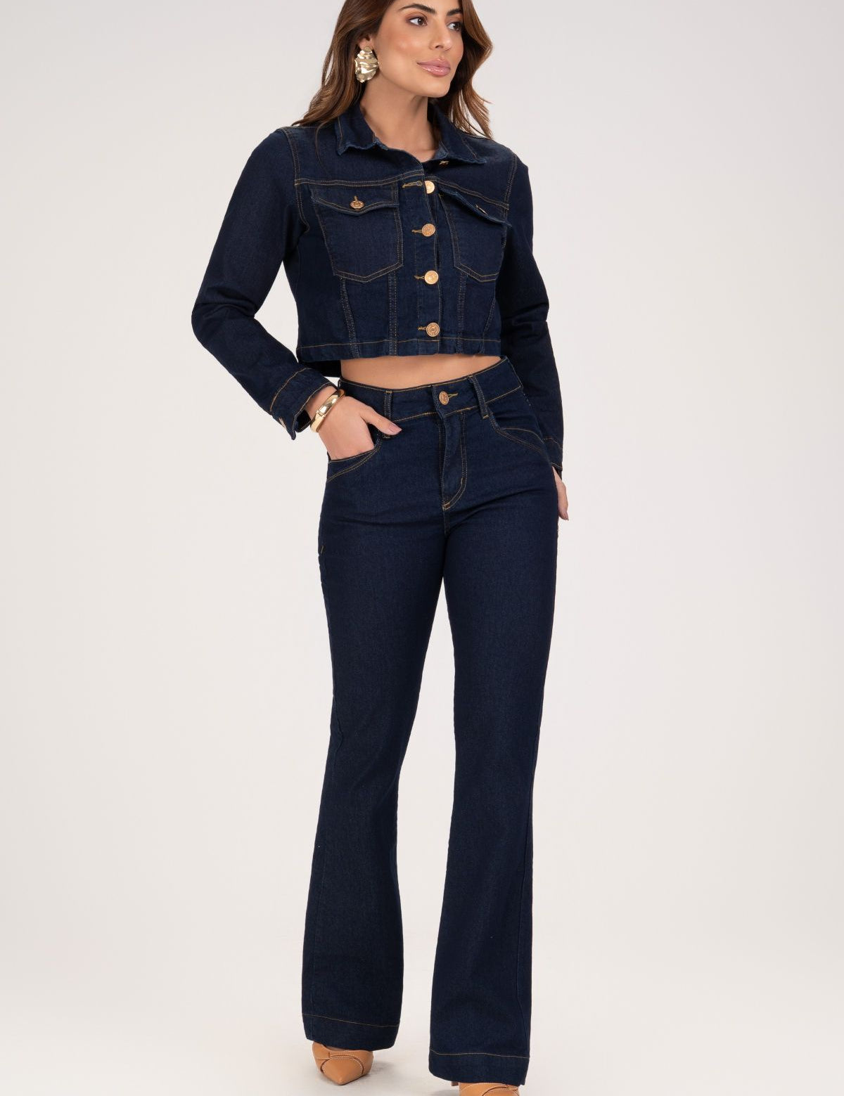 Calça Jeans Boot Cut Frysaide Azul Escuro Cintura Alta