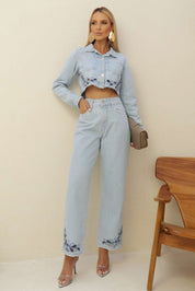Calça Jeans Frysaide Azul Claro Barra Bordada