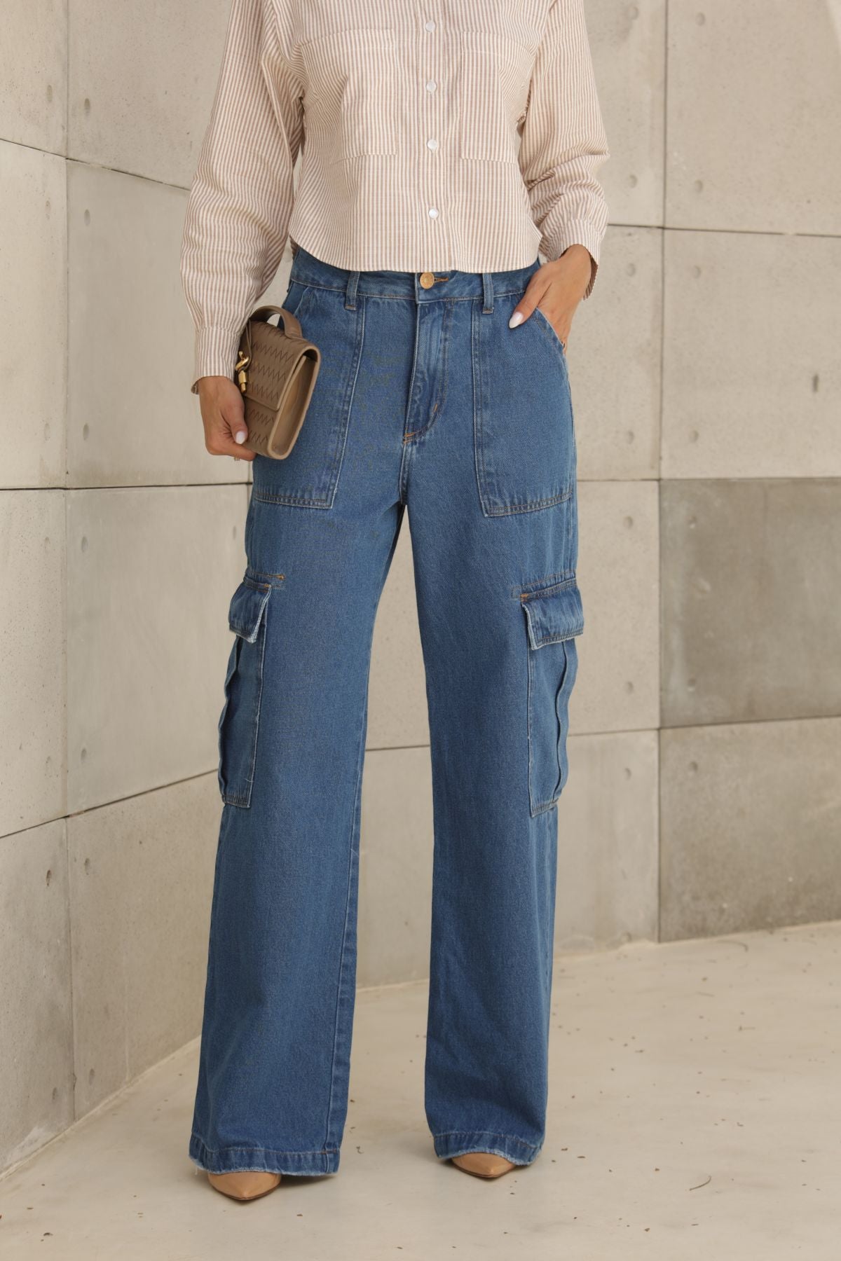 Calça Jeans Frysaide Azul Wide Leg Cargo