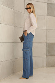 Calça Jeans Frysaide Azul Wide Leg Cargo