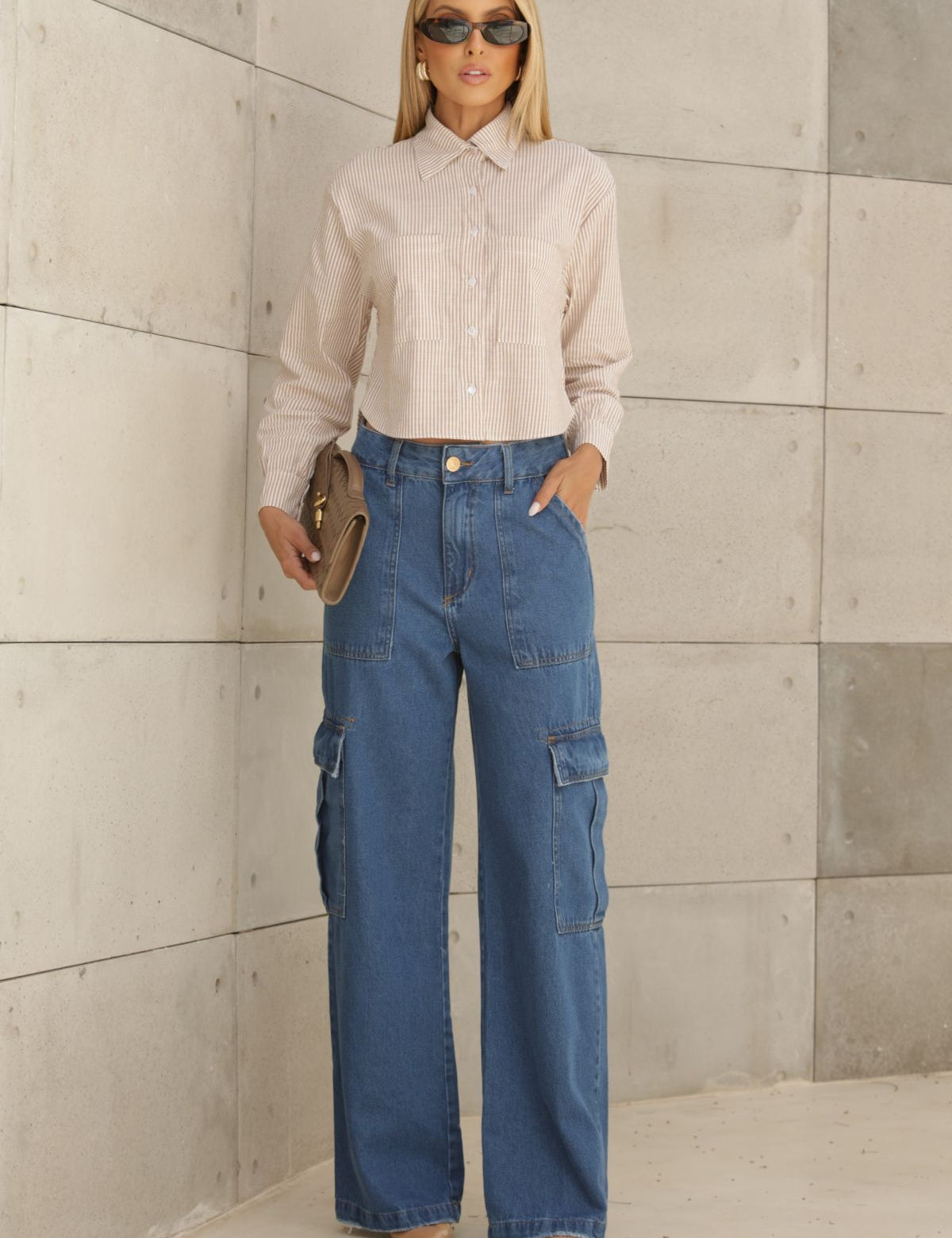 Calça Jeans Frysaide Azul Wide Leg Cargo
