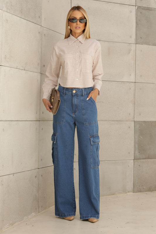 Calça Jeans Frysaide Azul Wide Leg Cargo