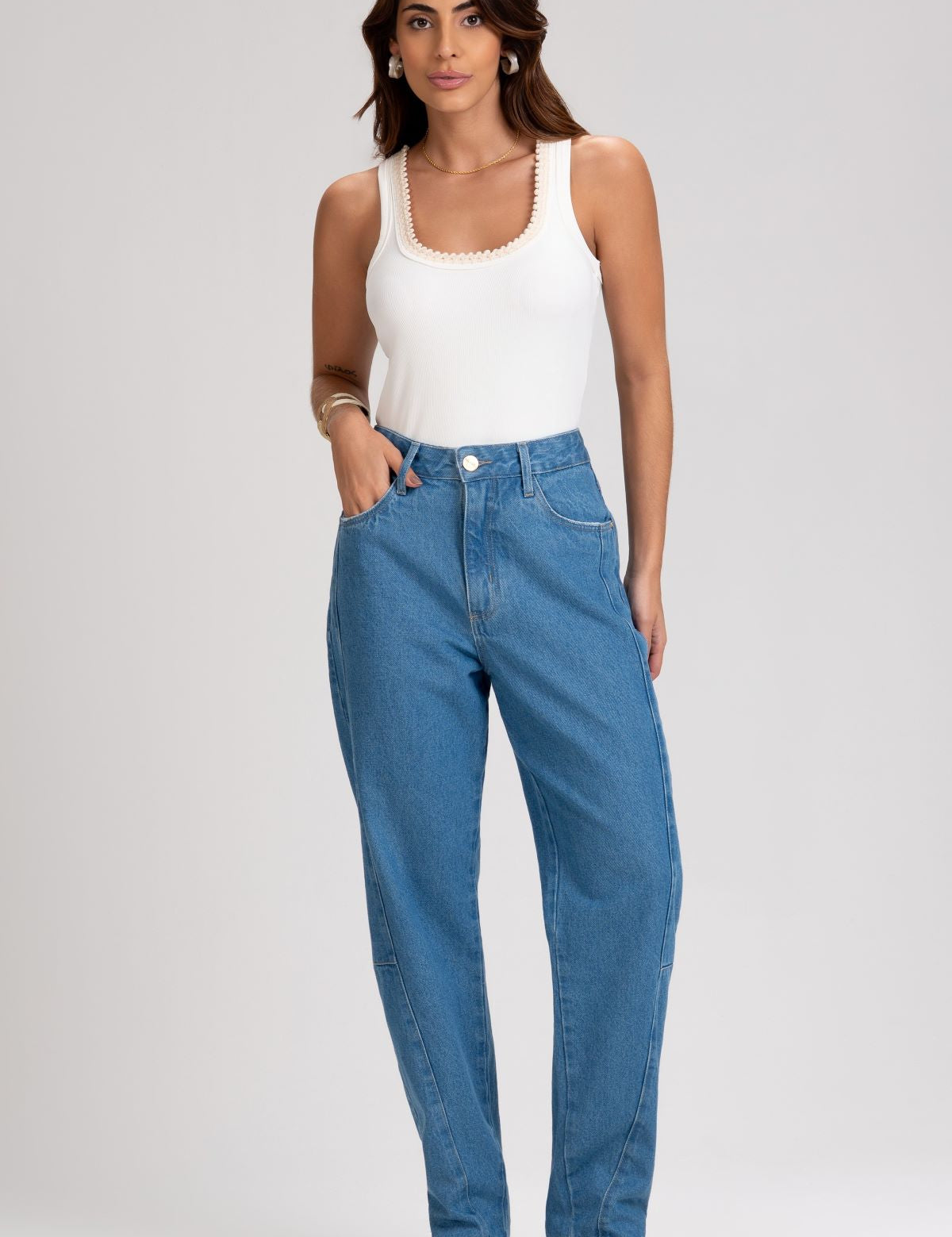 Calça Jeans Mom Frysaide Azul Cintura Alta