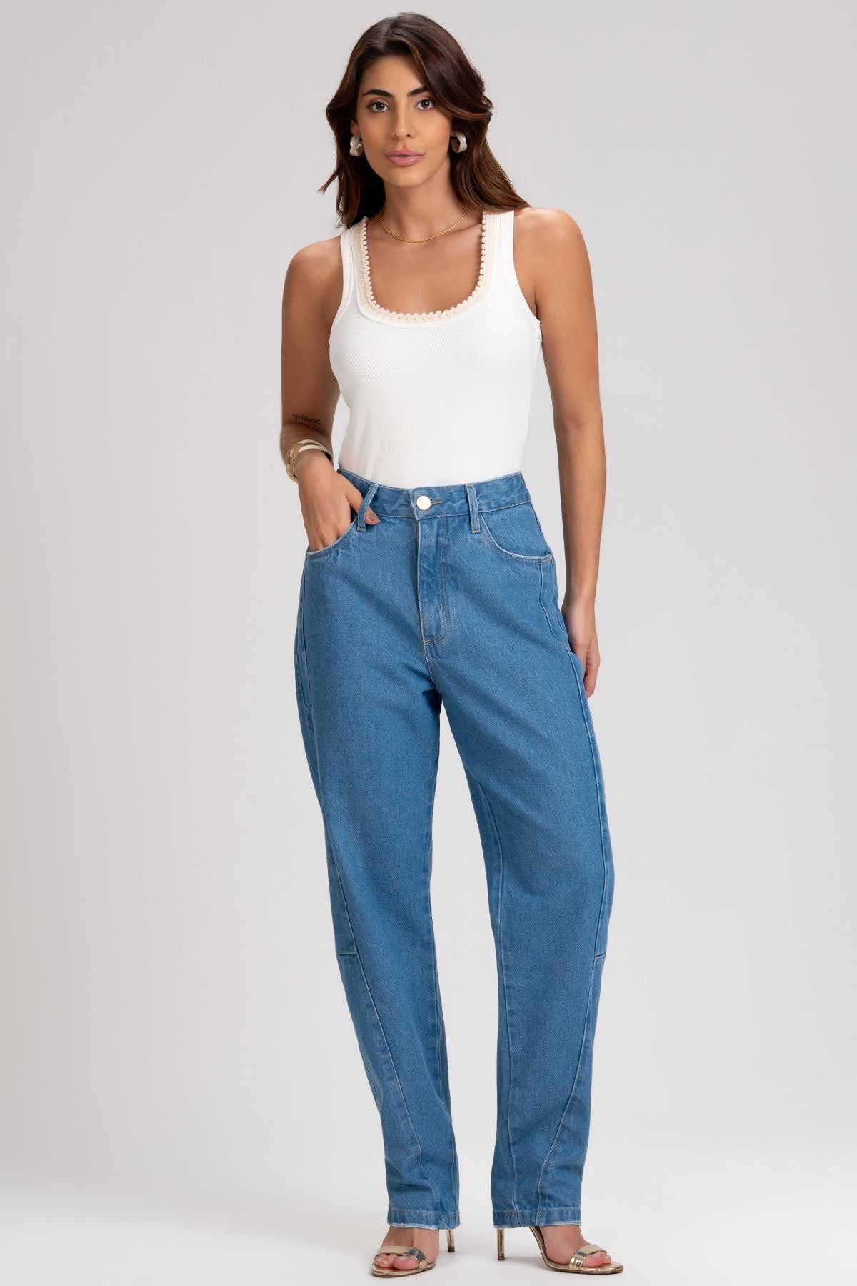 Calça Jeans Mom Frysaide Azul Cintura Alta