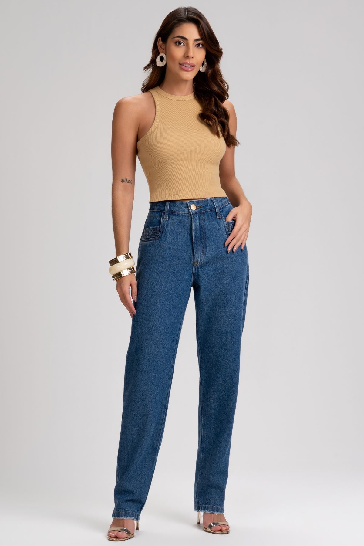 Calça Jeans Mom Frysaide Azul Cintura Alta