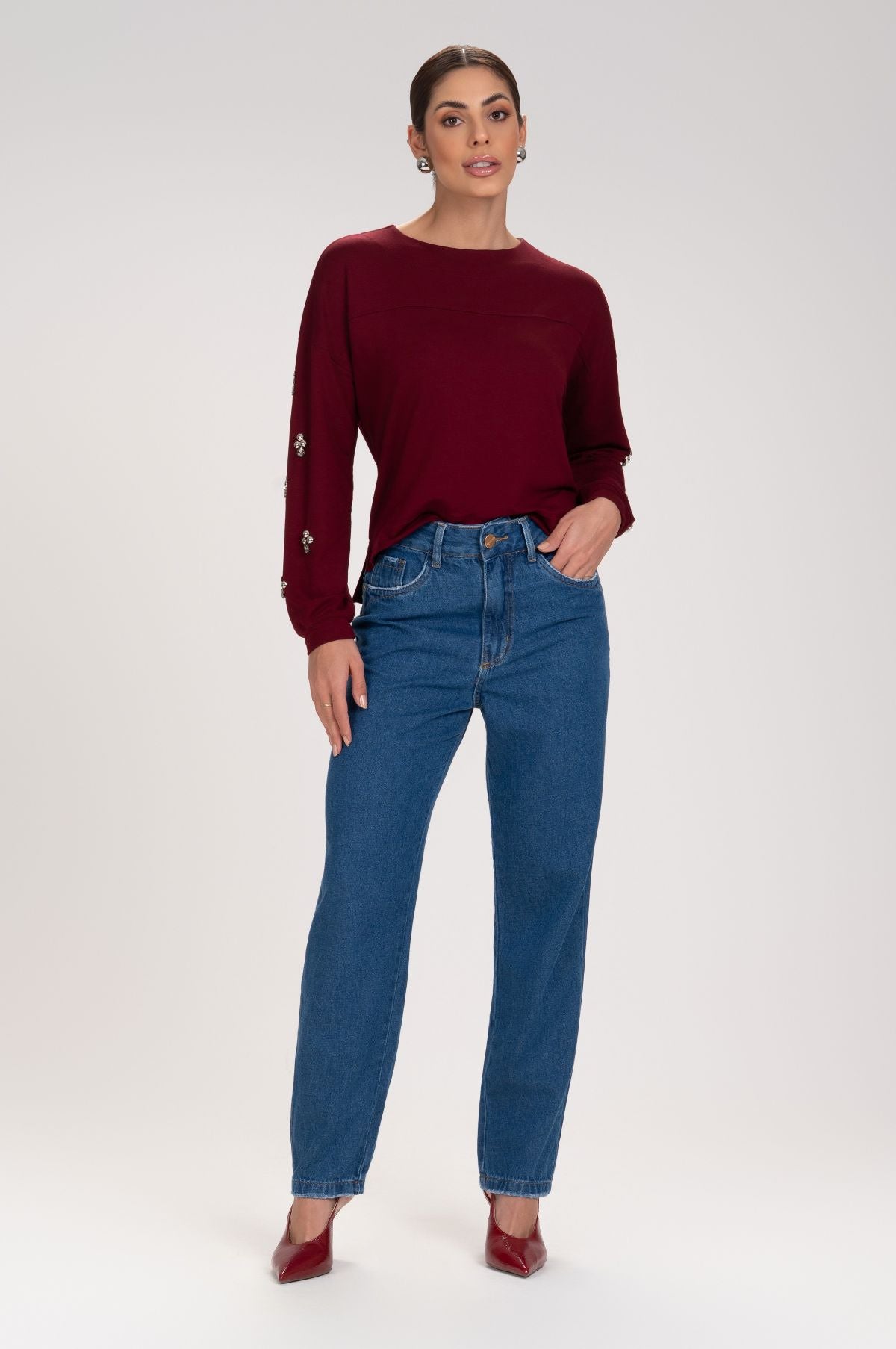 Calça Jeans Mom Frysaide Azul Escuro Cintura Alta