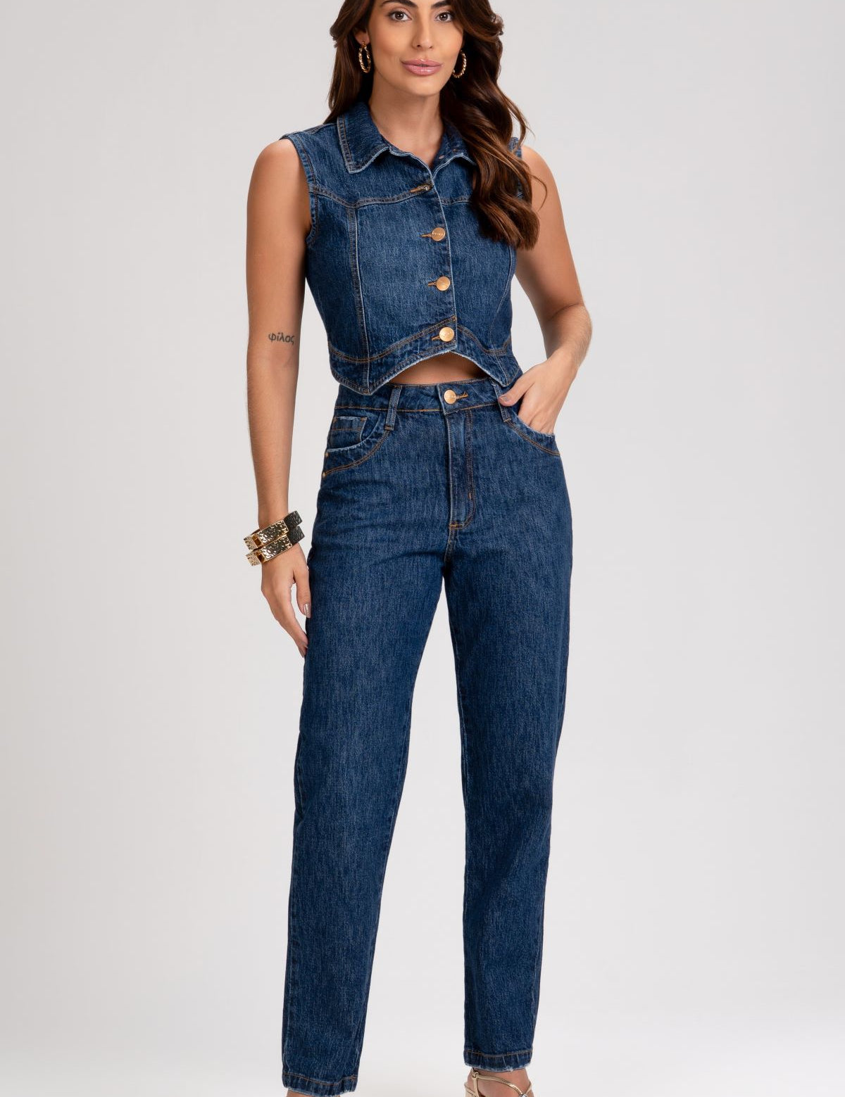 Calça Jeans Mom Frysaide Azul Escuro Cintura Alta