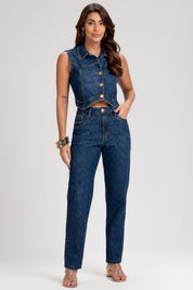 Calça Jeans Mom Frysaide Azul Escuro Cintura Alta