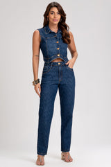 Calça Jeans Mom Frysaide Azul Escuro Cintura Alta