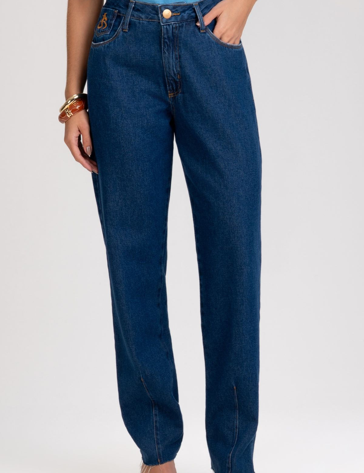 Calça Jeans Mom Frysaide Azul Escuro Cintura Alta