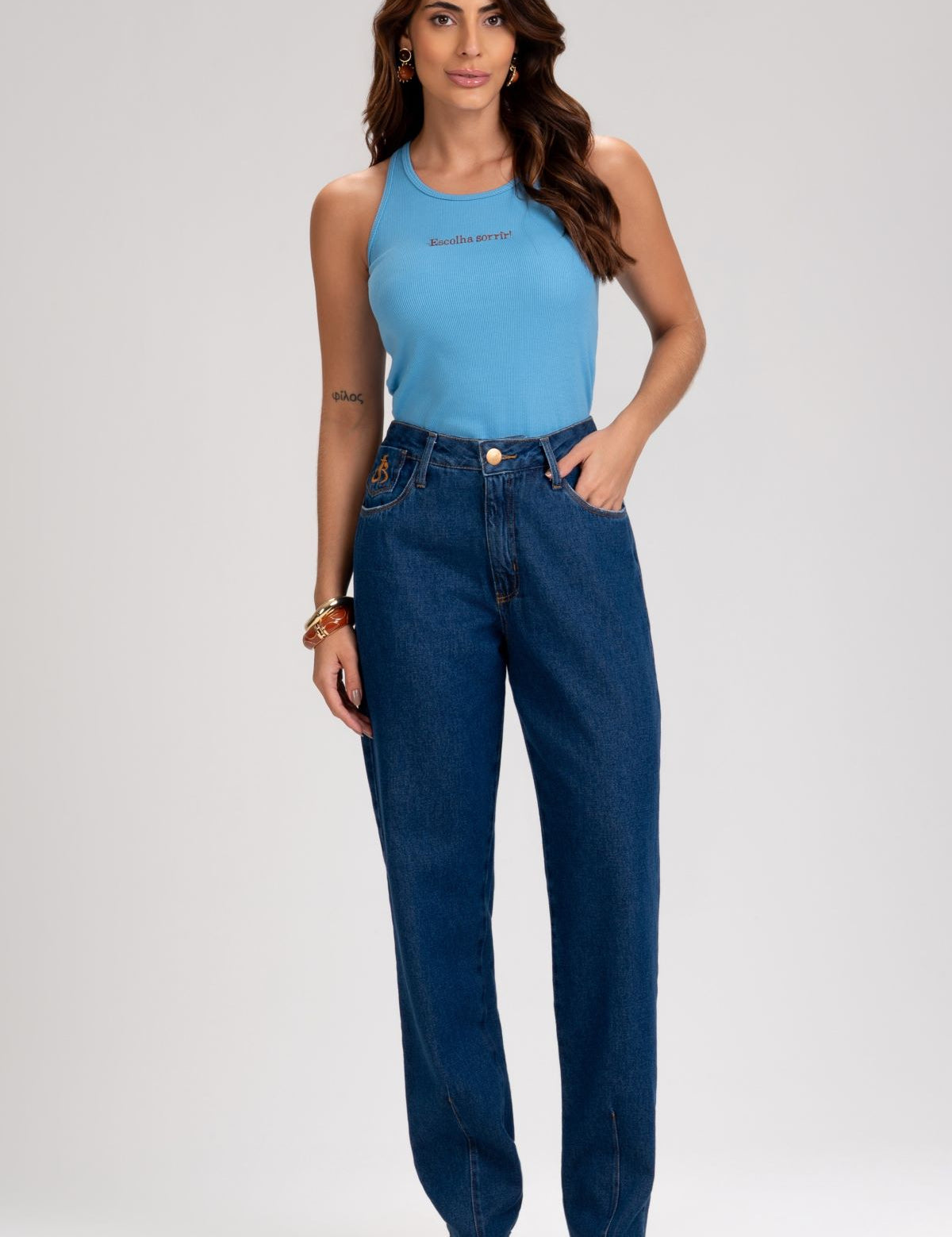 Calça Jeans Mom Frysaide Azul Escuro Cintura Alta