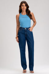 Calça Jeans Mom Frysaide Azul Escuro Cintura Alta