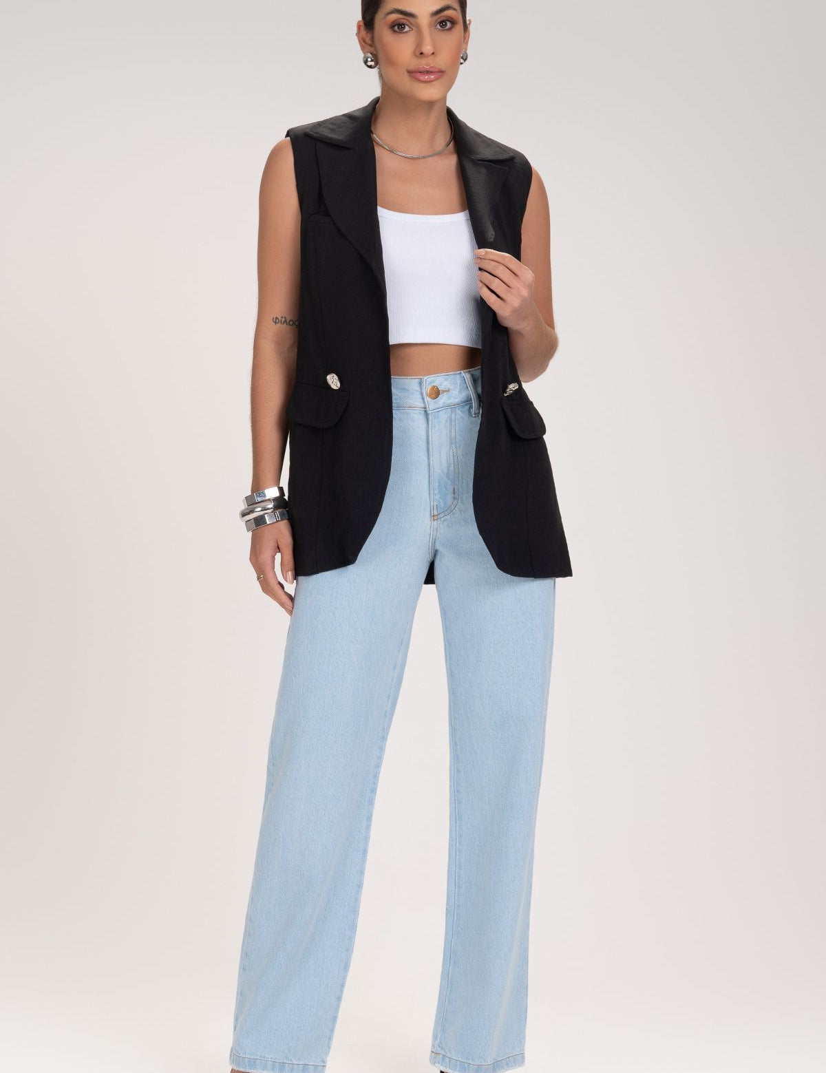 Calça Jeans Reta Frysaide Azul Claro Cintura Alta