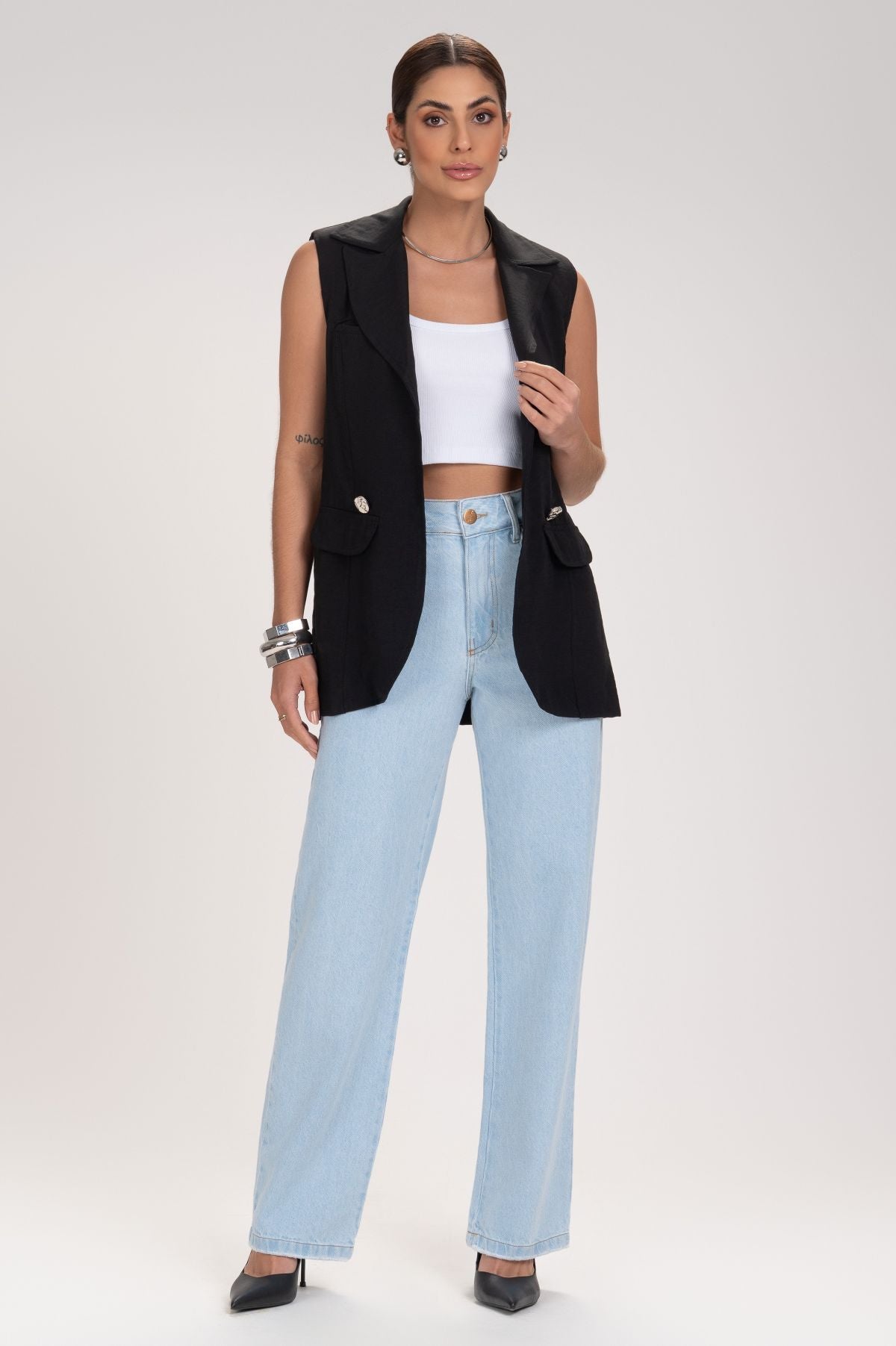 Calça Jeans Reta Frysaide Azul Claro Cintura Alta