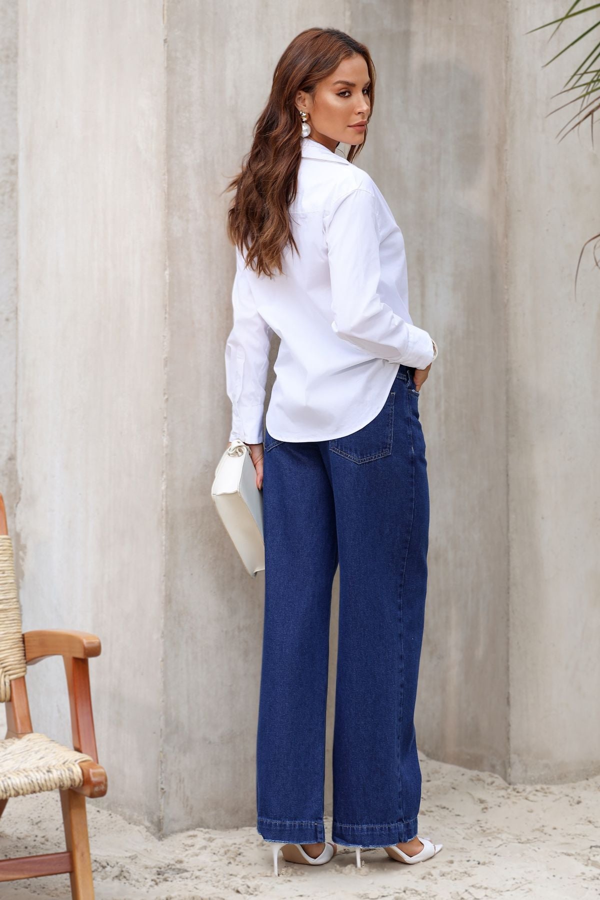 Calça Jeans Wide Leg FRYSAIDE Azul Escuro Cintura Alta