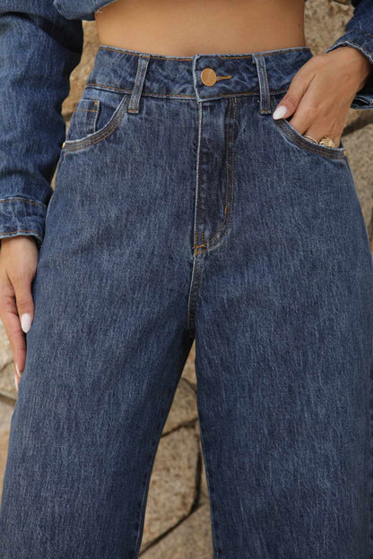 Calça Jeans Wide Leg Frysaide Azul Cintura Alta
