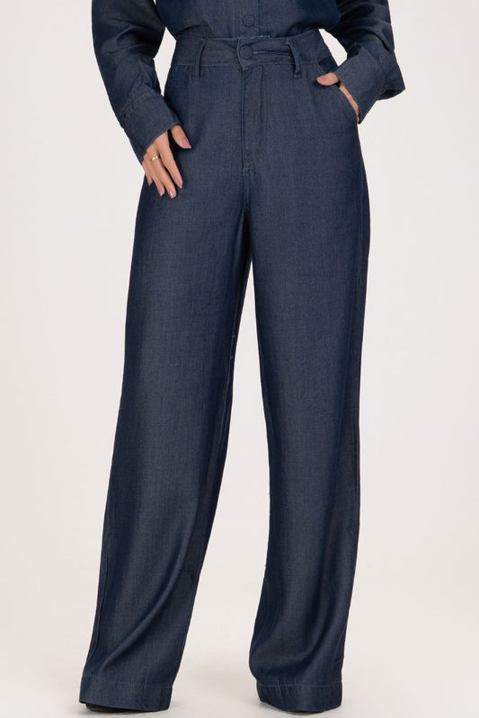 Calça Jeans Wide Leg Frysaide Azul Cintura Alta