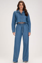 Calça Jeans Wide Leg Frysaide Azul Cintura Alta