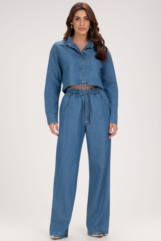 Calça Jeans Wide Leg Frysaide Azul Cintura Alta