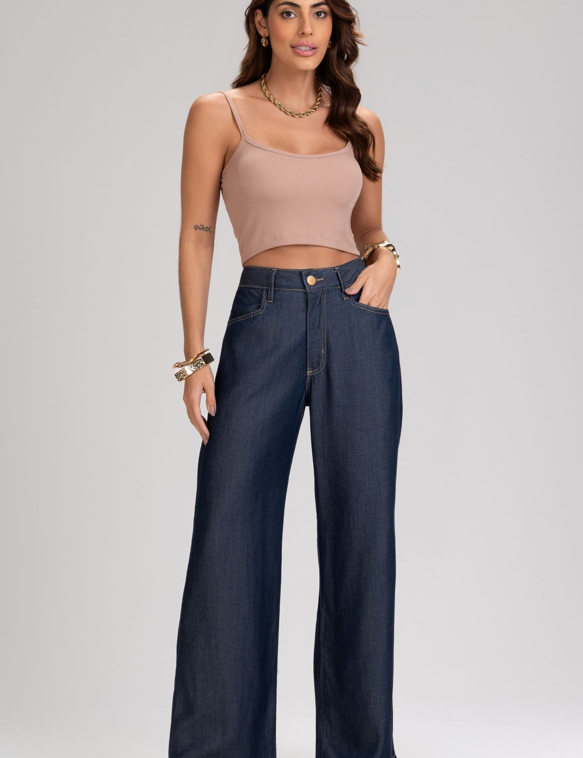Calça Jeans Wide Leg Frysaide Azul Cintura Alta