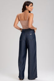 Calça Jeans Wide Leg Frysaide Azul Cintura Alta