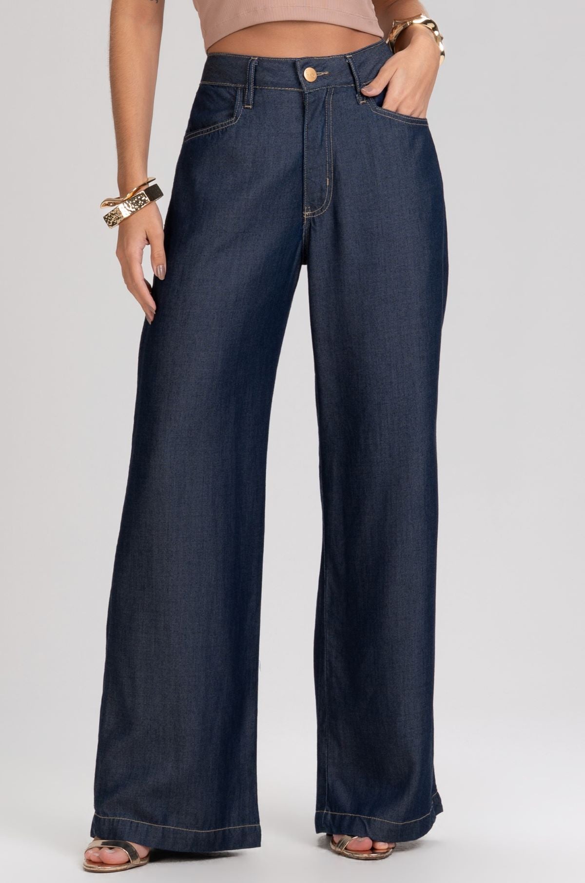 Calça Jeans Wide Leg Frysaide Azul Cintura Alta